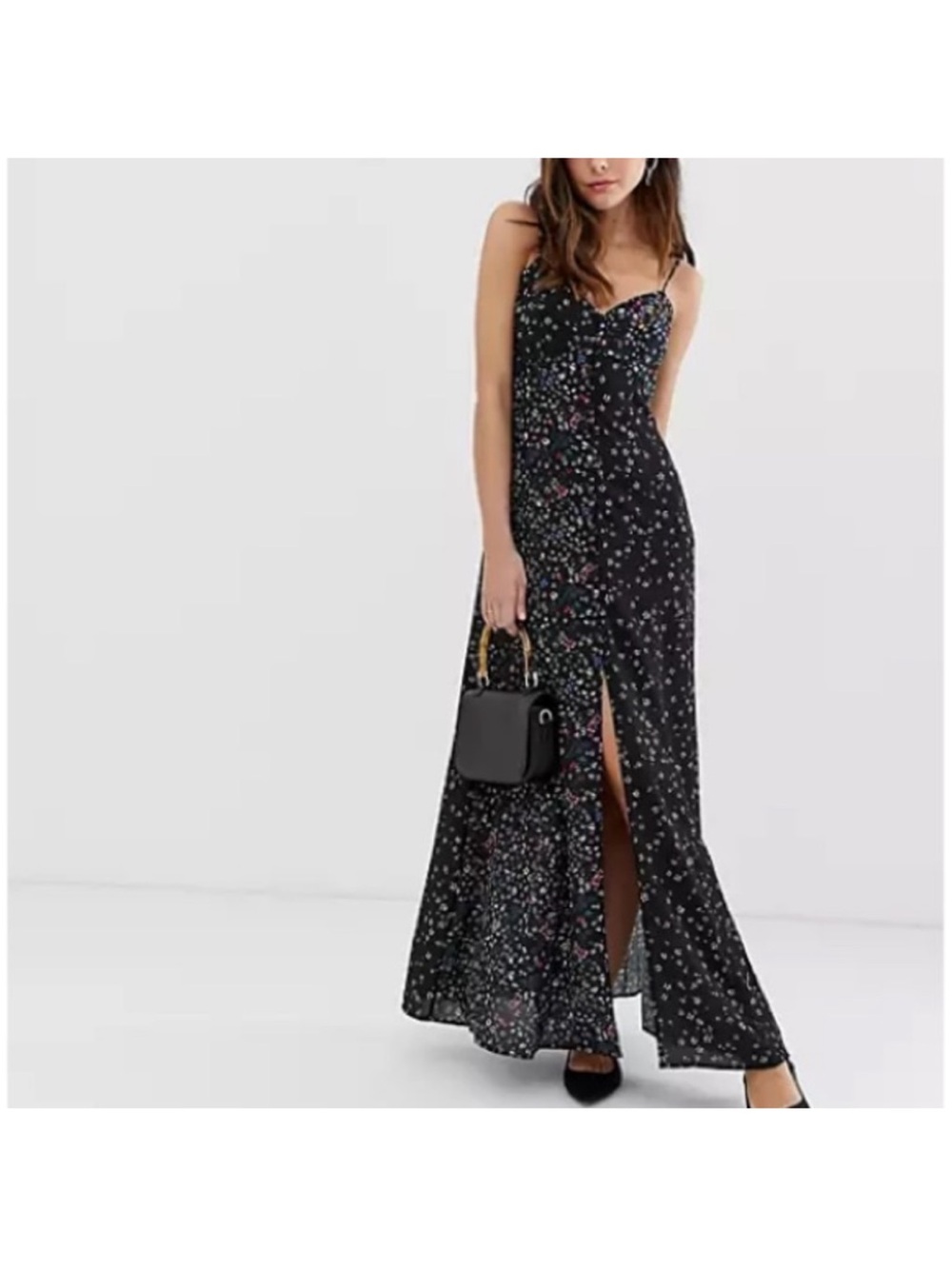 Black Floral Spaghetti-Strap Maxi Dress with Front Slit